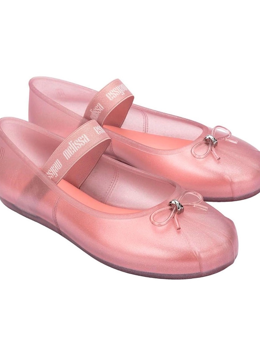 Melissa Girls Glittery Rose Pink Mary Jane Flats with Bow